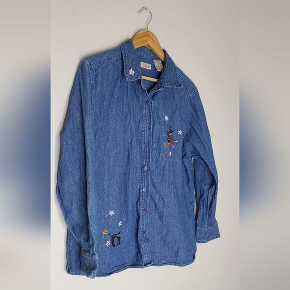 Classic Elements Embroidered Halloween Denim Shirt Womens Size 14 - Picture 8 of 9